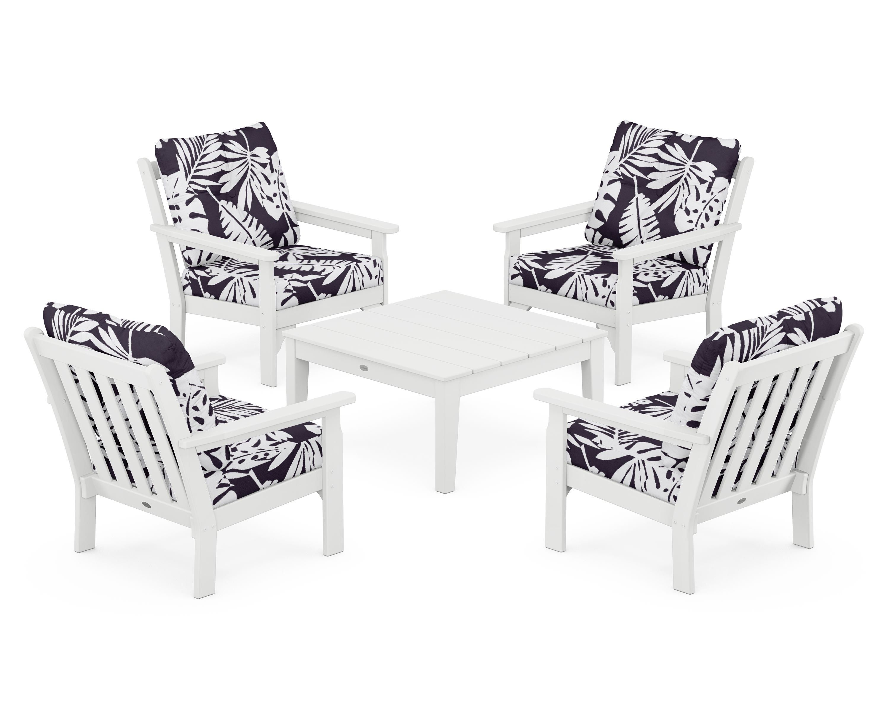 POLYWOOD® Vineyard 5-Piece Deep Seating Conversation Set in White / Leaf Navy