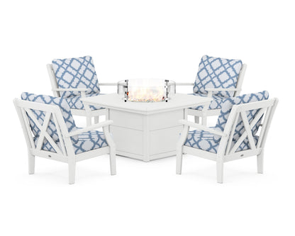 POLYWOOD® Braxton 5-Piece Deep Seating Conversation Set with Fire Pit Table in White / Trellis Sky Blue