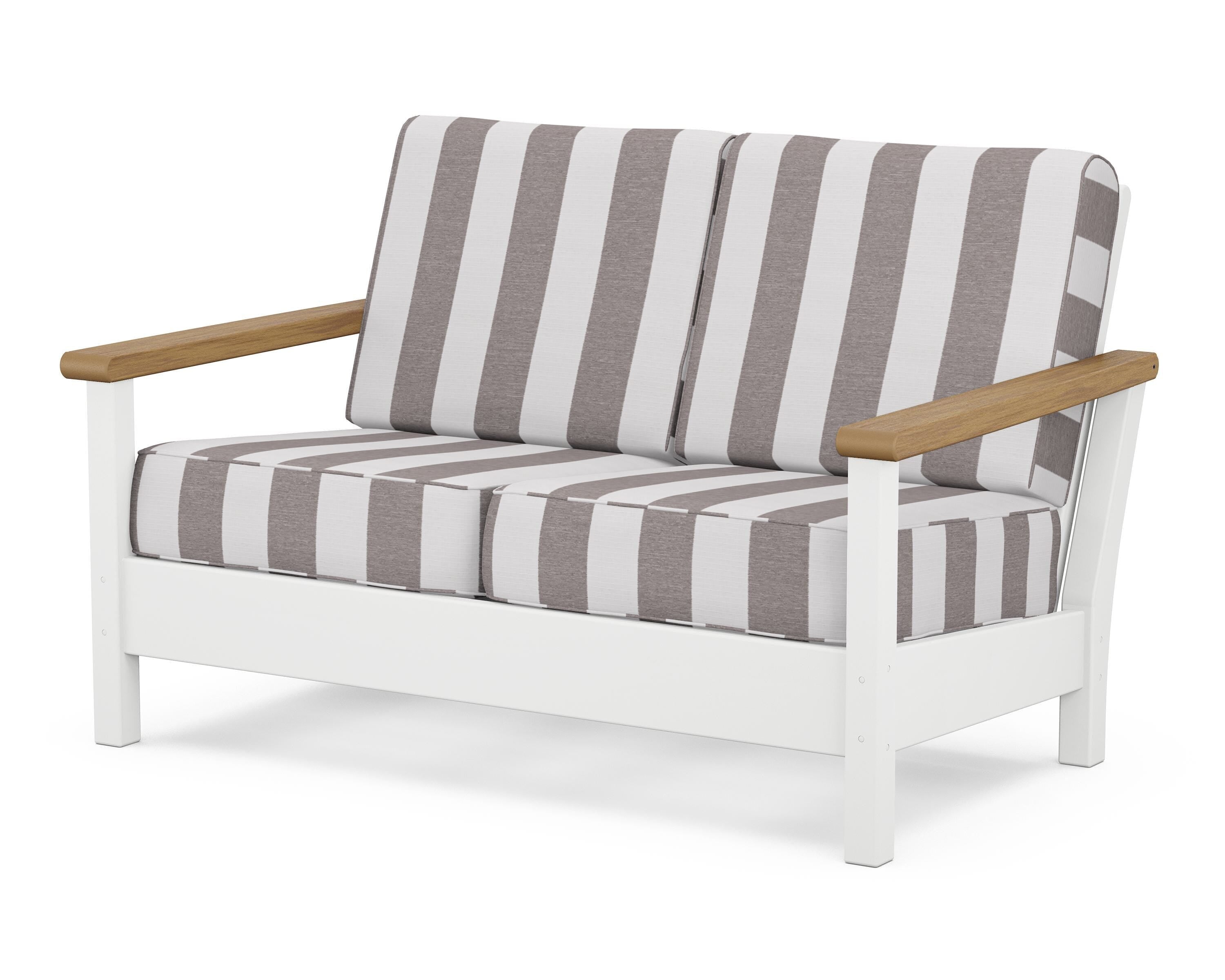 POLYWOOD® Harbour Deep Seating Loveseat in White / Natural / Cabana Stripe Grey Mist