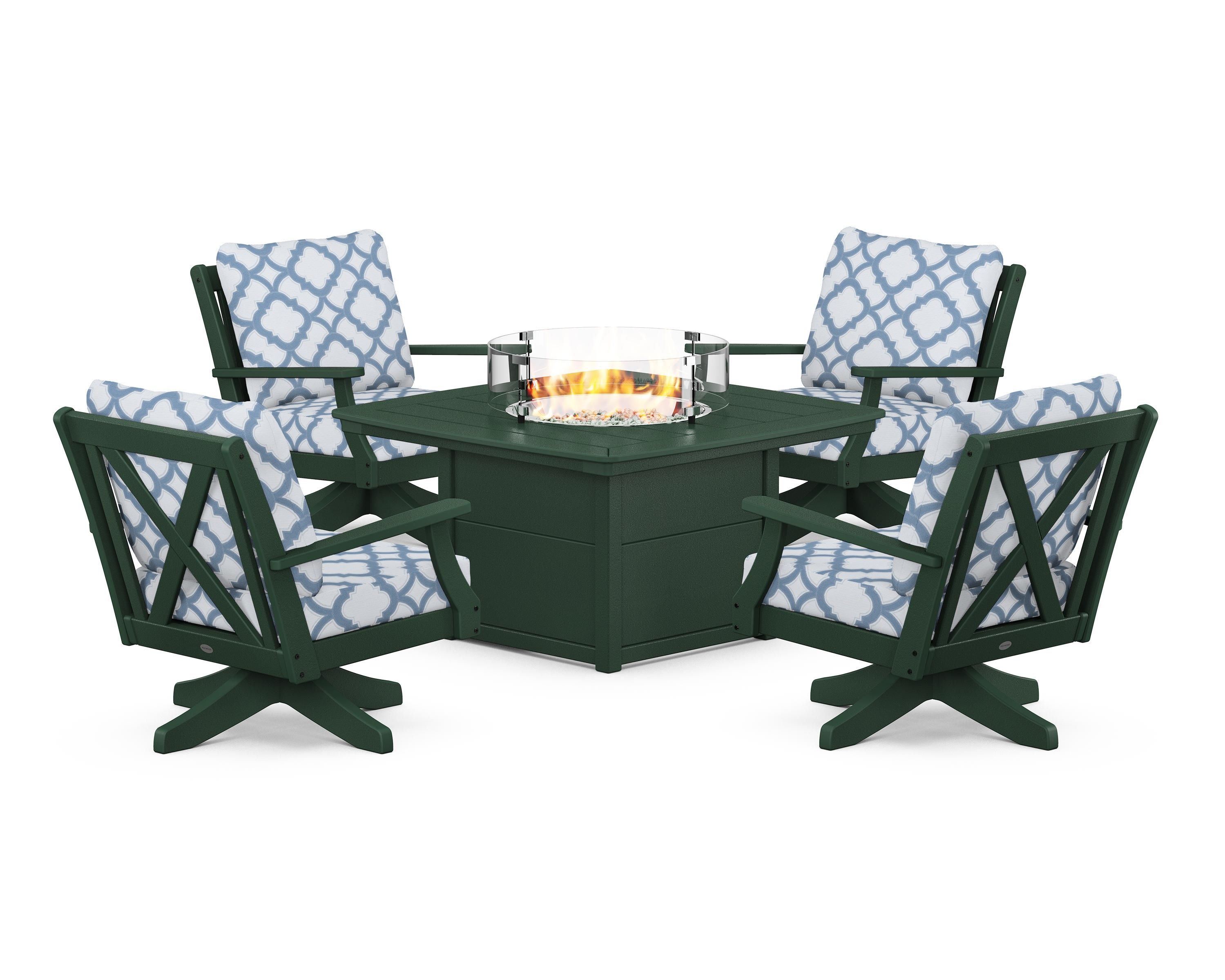POLYWOOD® Braxton 5-Piece Deep Seating Swivel Conversation Set with Fire Pit Table in Green / Trellis Sky Blue