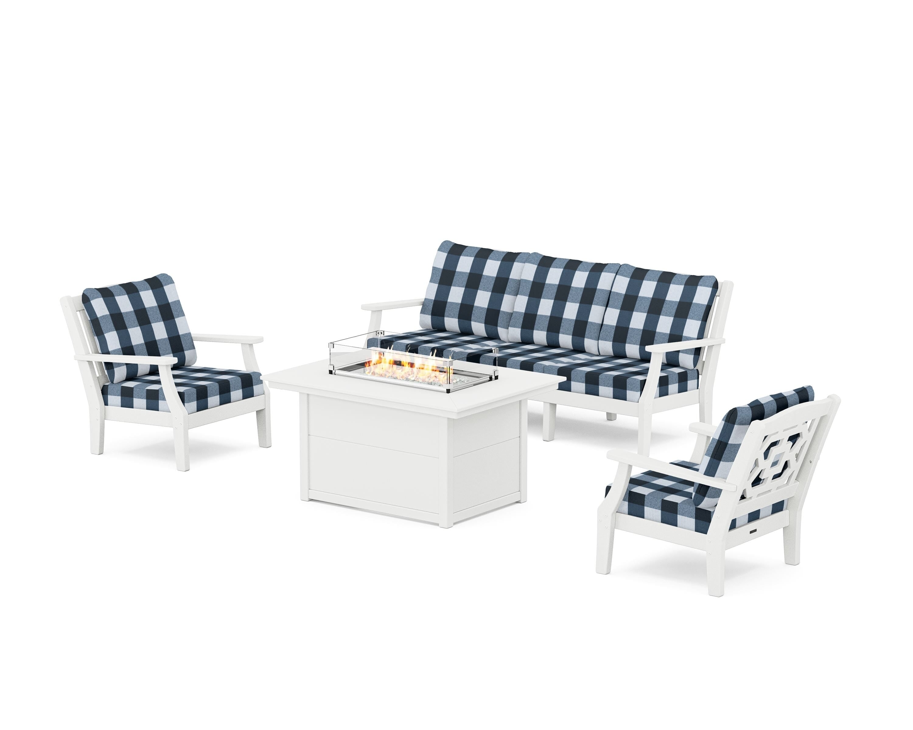 Martha Stewart by POLYWOOD® Chinoiserie Deep Seating Fire Pit Table Set in White / Buffalo Plaid Marine Indigo