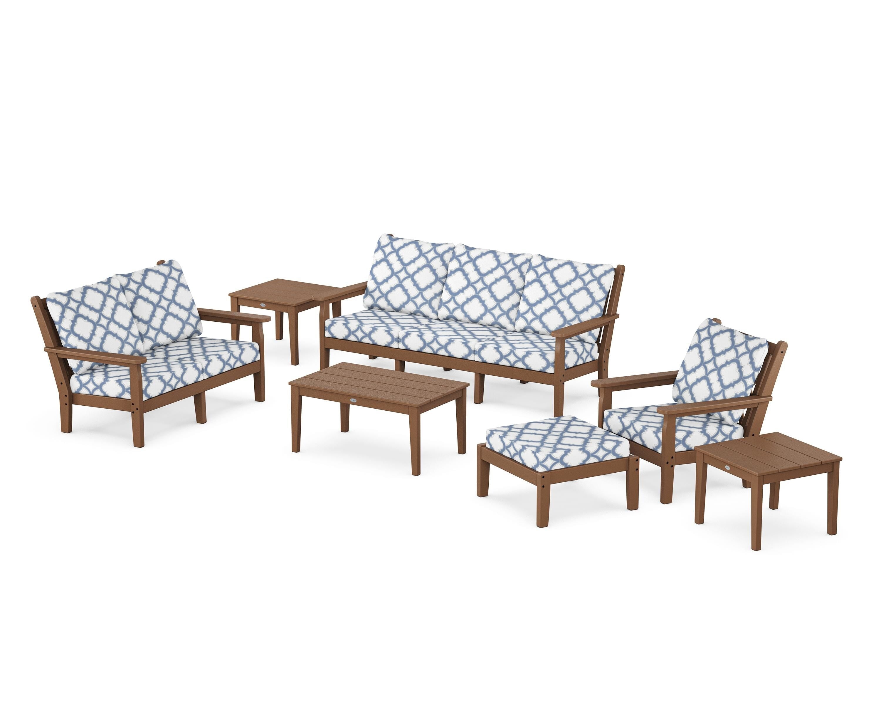 POLYWOOD® Chippendale 7-Piece Deep Seating Set in Teak / Trellis Sky Blue
