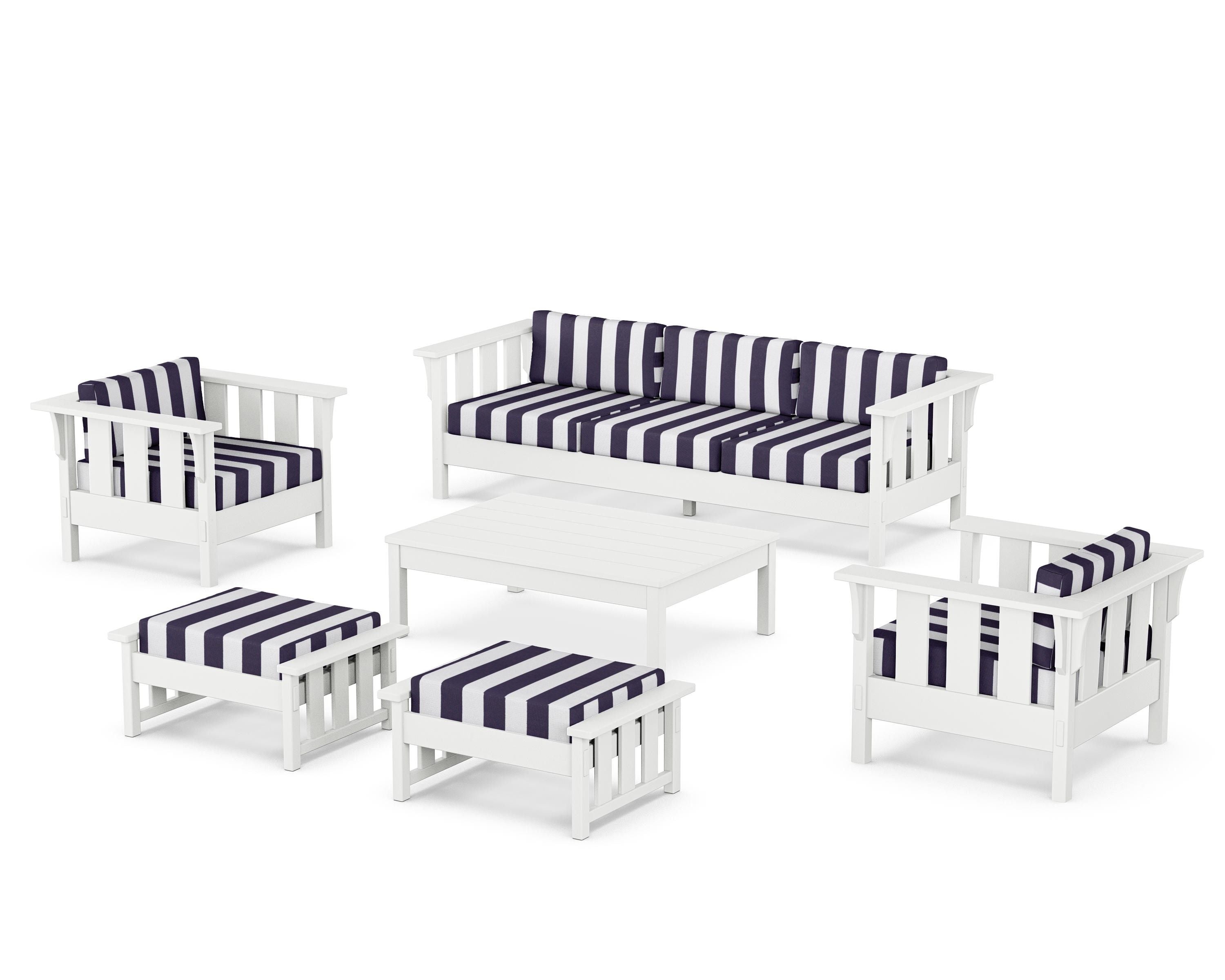 Martha Stewart by POLYWOOD® Acadia 6-Piece Lounge Sofa Set in White / Cabana Stripe Navy