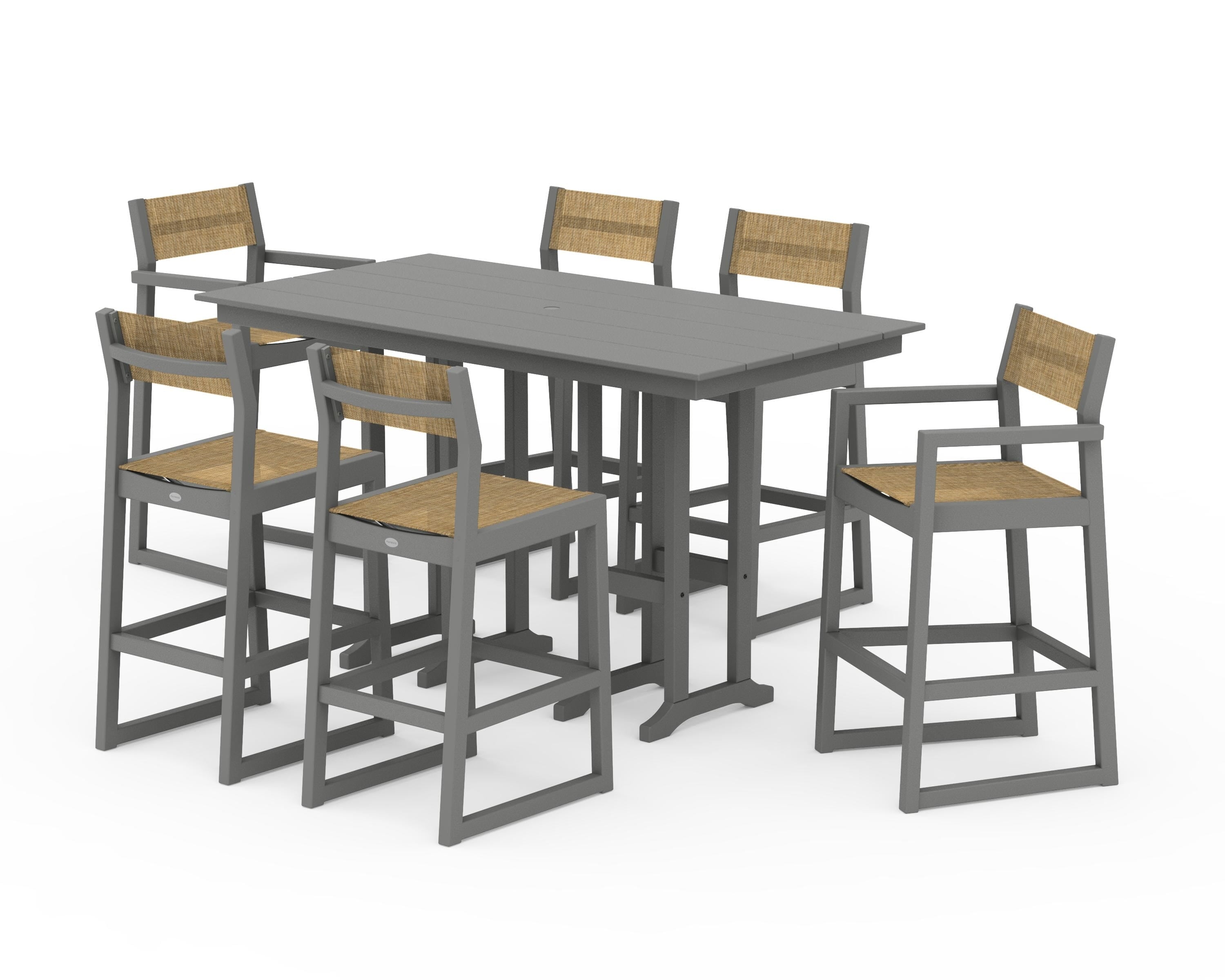 POLYWOOD® EDGE Sling 7-Piece Farmhouse Bar Set in Slate Grey / Burlap Sling