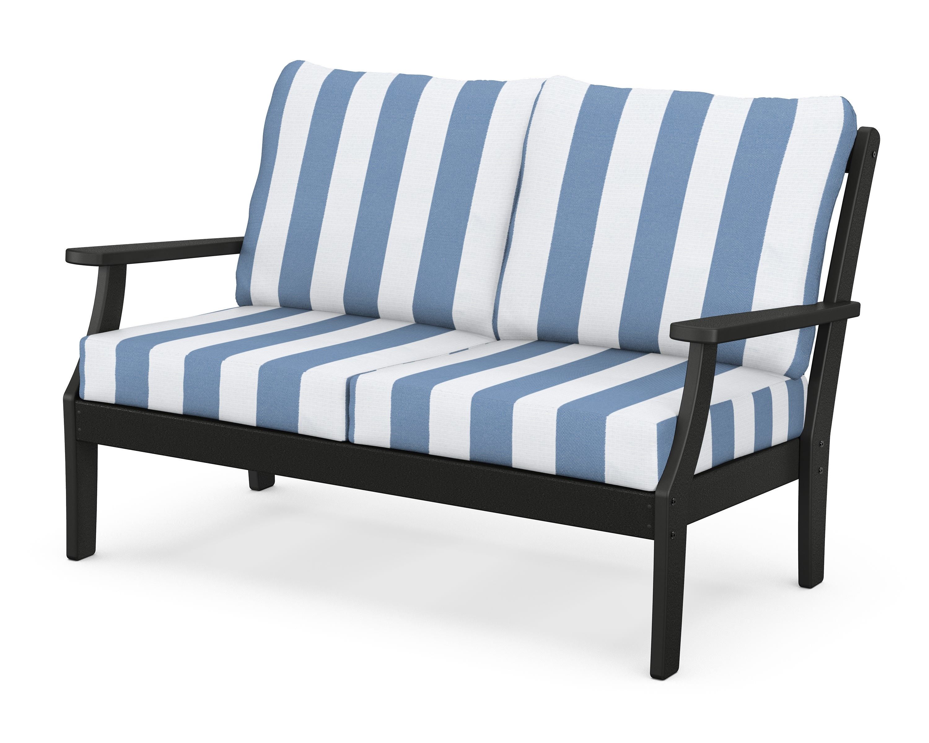 POLYWOOD® Braxton Deep Seating Loveseat in Black / Cabana Stripe Sky Blue