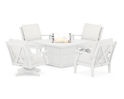 POLYWOOD® Braxton 5-Piece Deep Seating Set with Fire Table in White / Natural Linen
