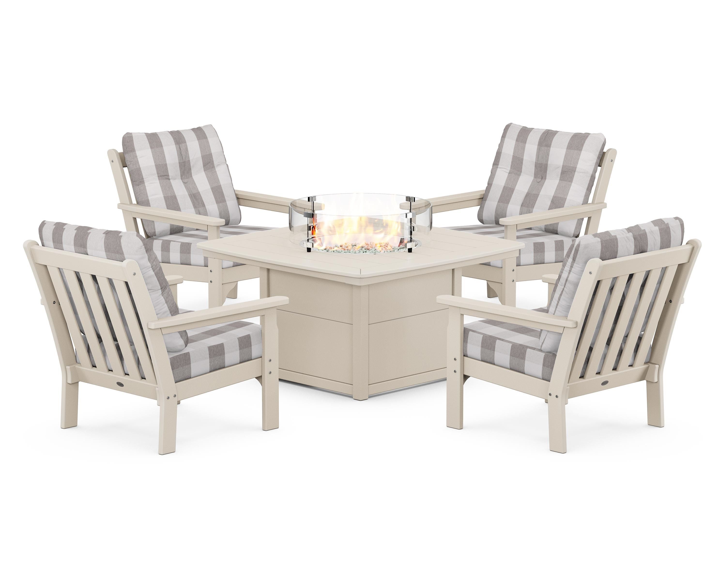 POLYWOOD® Vineyard 5-Piece Conversation Set with Fire Pit Table in Sand / Buffalo Plaid Grey Mist