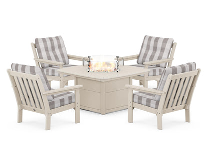 POLYWOOD® Vineyard 5-Piece Conversation Set with Fire Pit Table in Sand / Buffalo Plaid Grey Mist