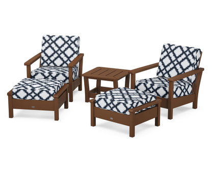 POLYWOOD® Harbour 5-Piece Deep Seating Chair Set in Teak / Trellis Marine Indigo