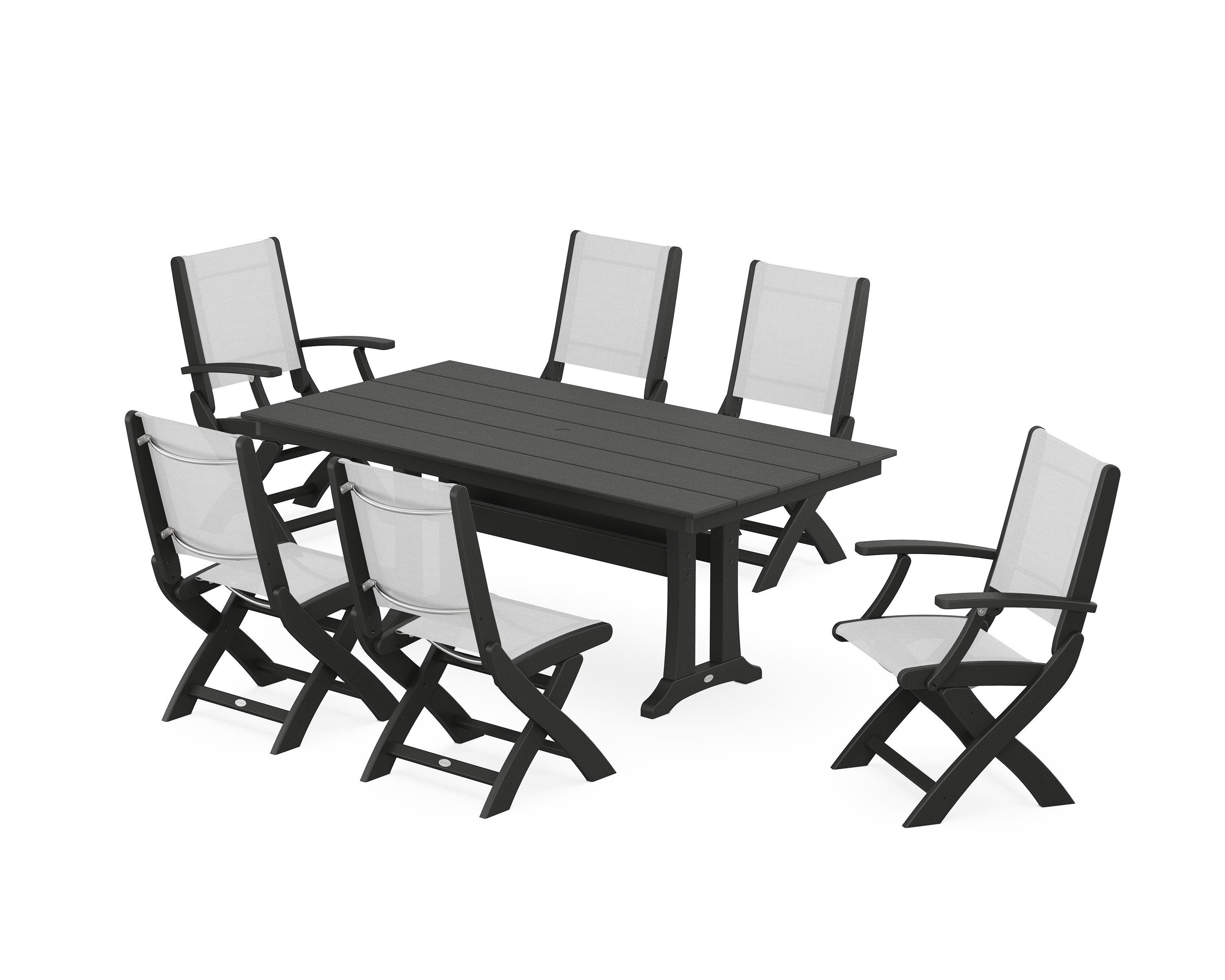 POLYWOOD® Coastal Folding Chair 7-Piece Farmhouse Dining Set with Trestle Legs in Black / White Sling