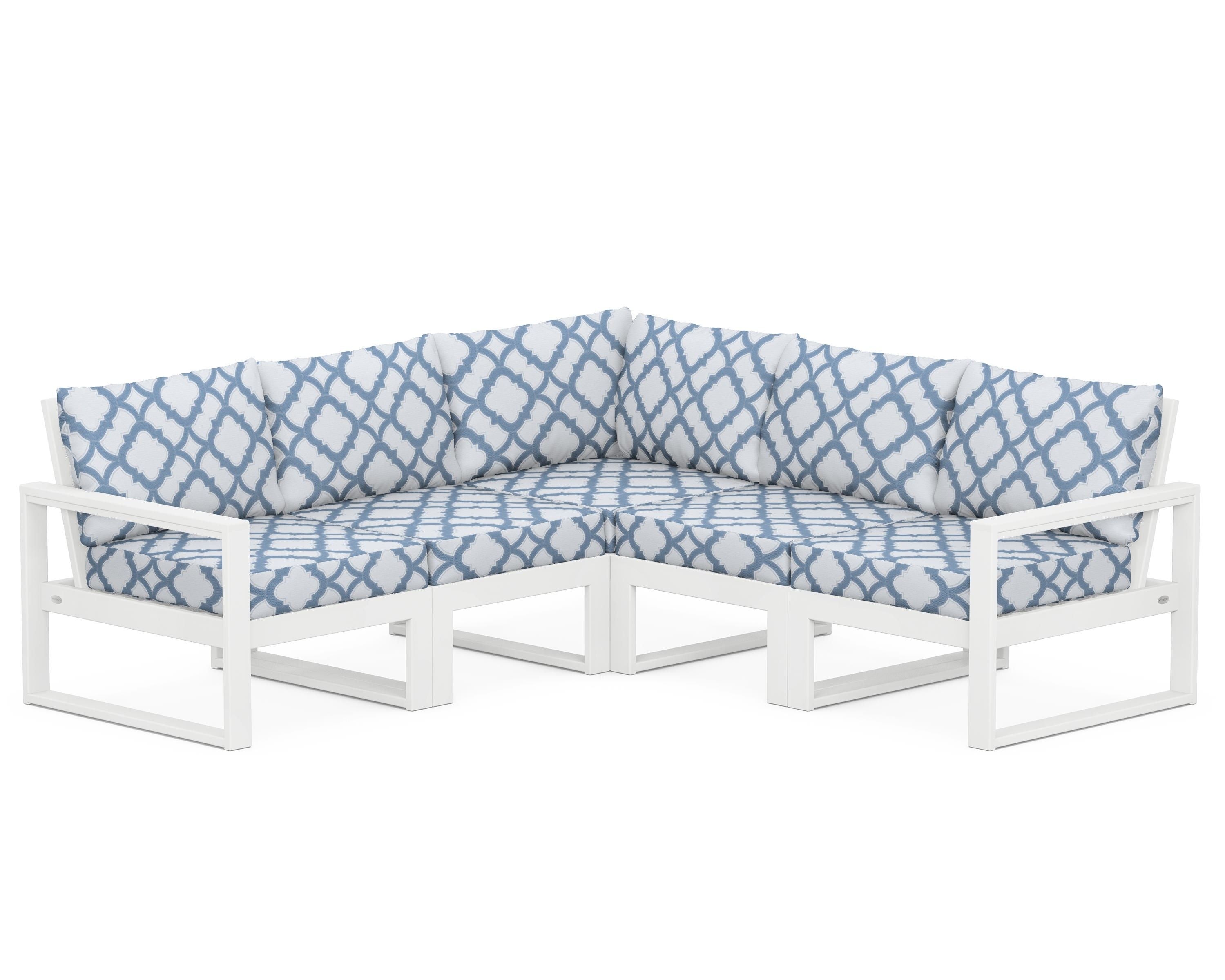 POLYWOOD® EDGE 5-Piece Modular Deep Seating Set in White / Trellis Sky Blue