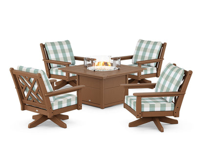 POLYWOOD® Chippendale 5-Piece Deep Seating Swivel Conversation Set with Fire Pit Table in Teak / Buffalo Plaid Glacier Spa