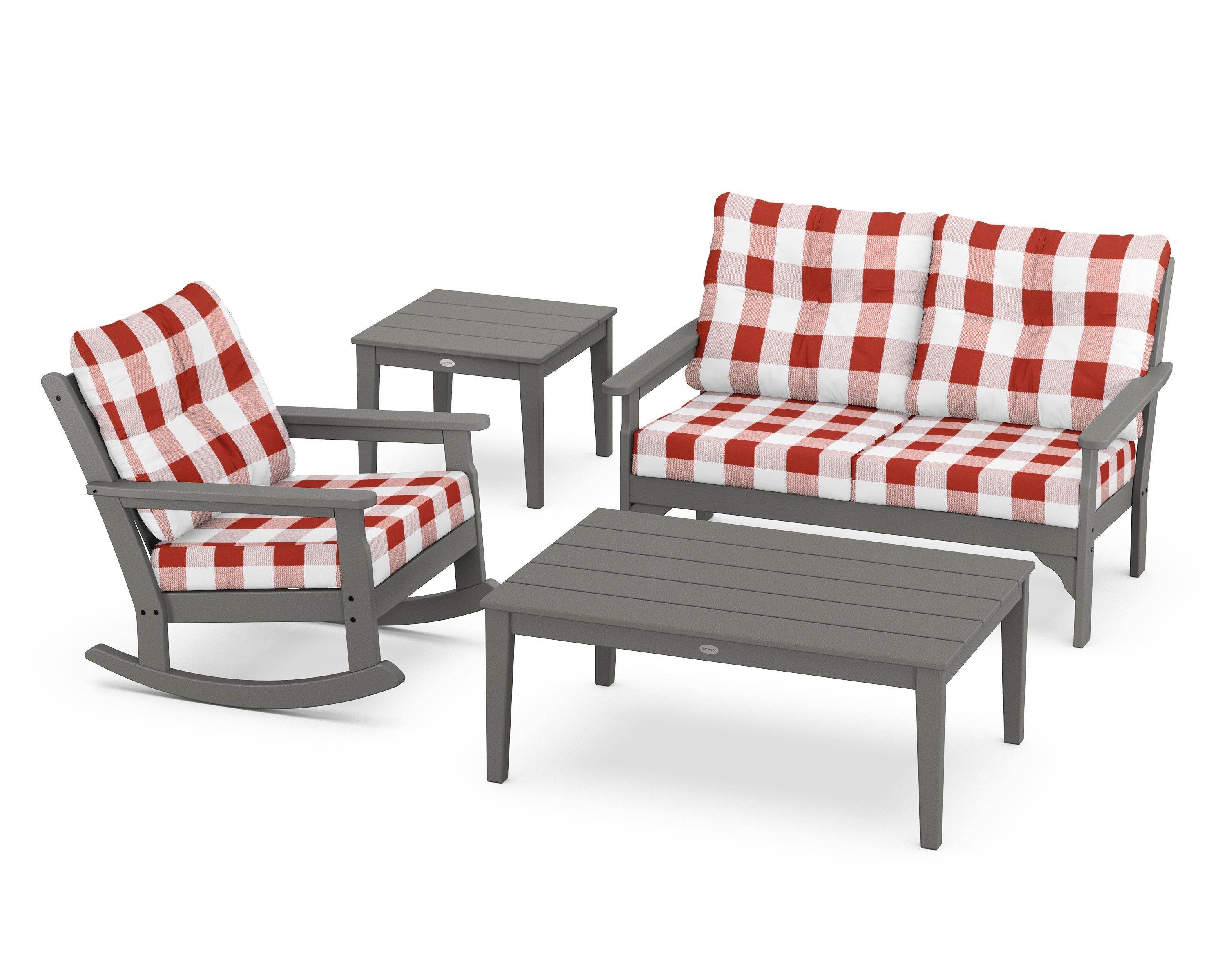 POLYWOOD® Vineyard 4-Piece Deep Seating Rocker Set in Slate Grey / Buffalo Plaid Crimson