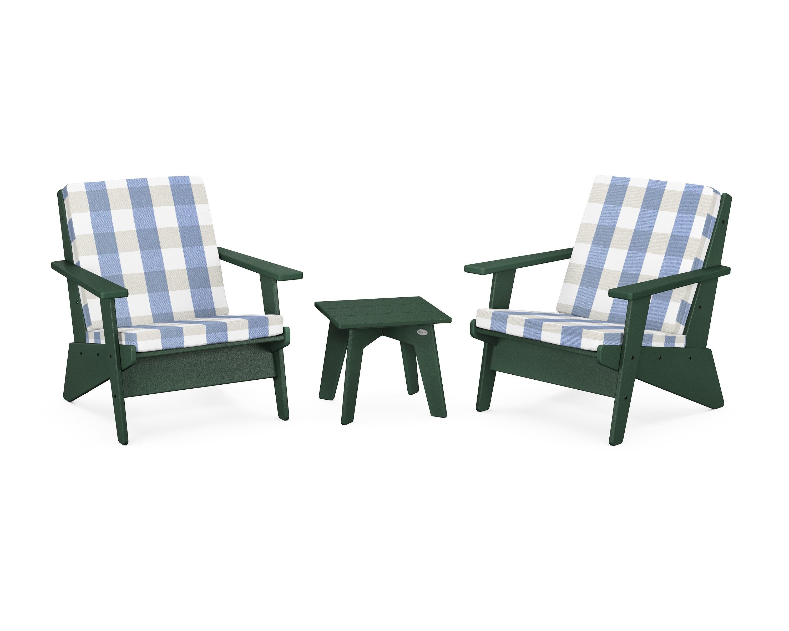 POLYWOOD® Riviera Modern Lounge 3-Piece Set in Green / Buffalo Plaid Sky Blue