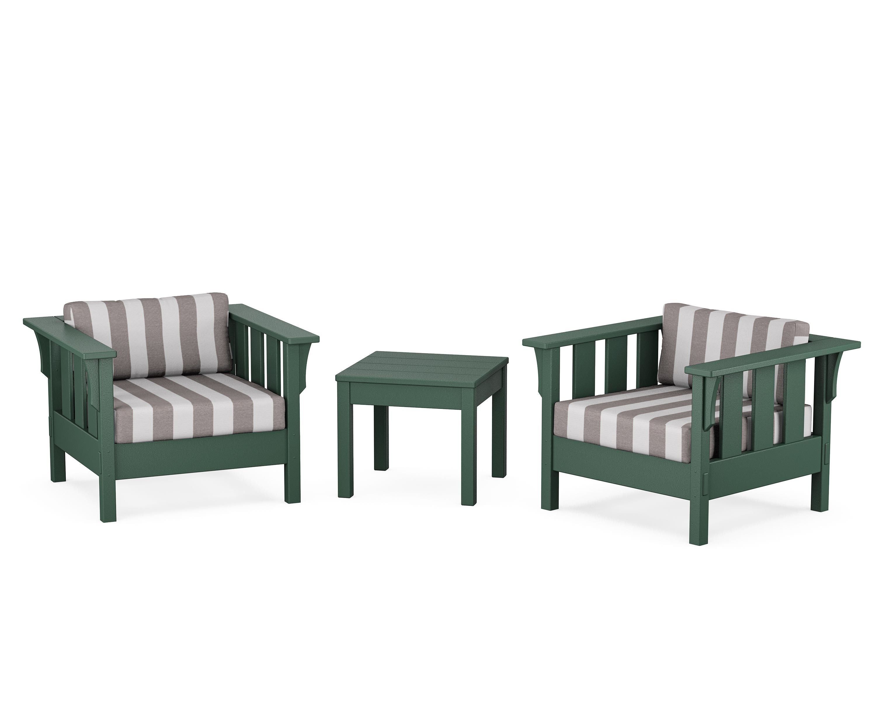 Martha Stewart by POLYWOOD® Acadia 3-Piece Deep Seating Set in Green / Cabana Stripe Grey Mist