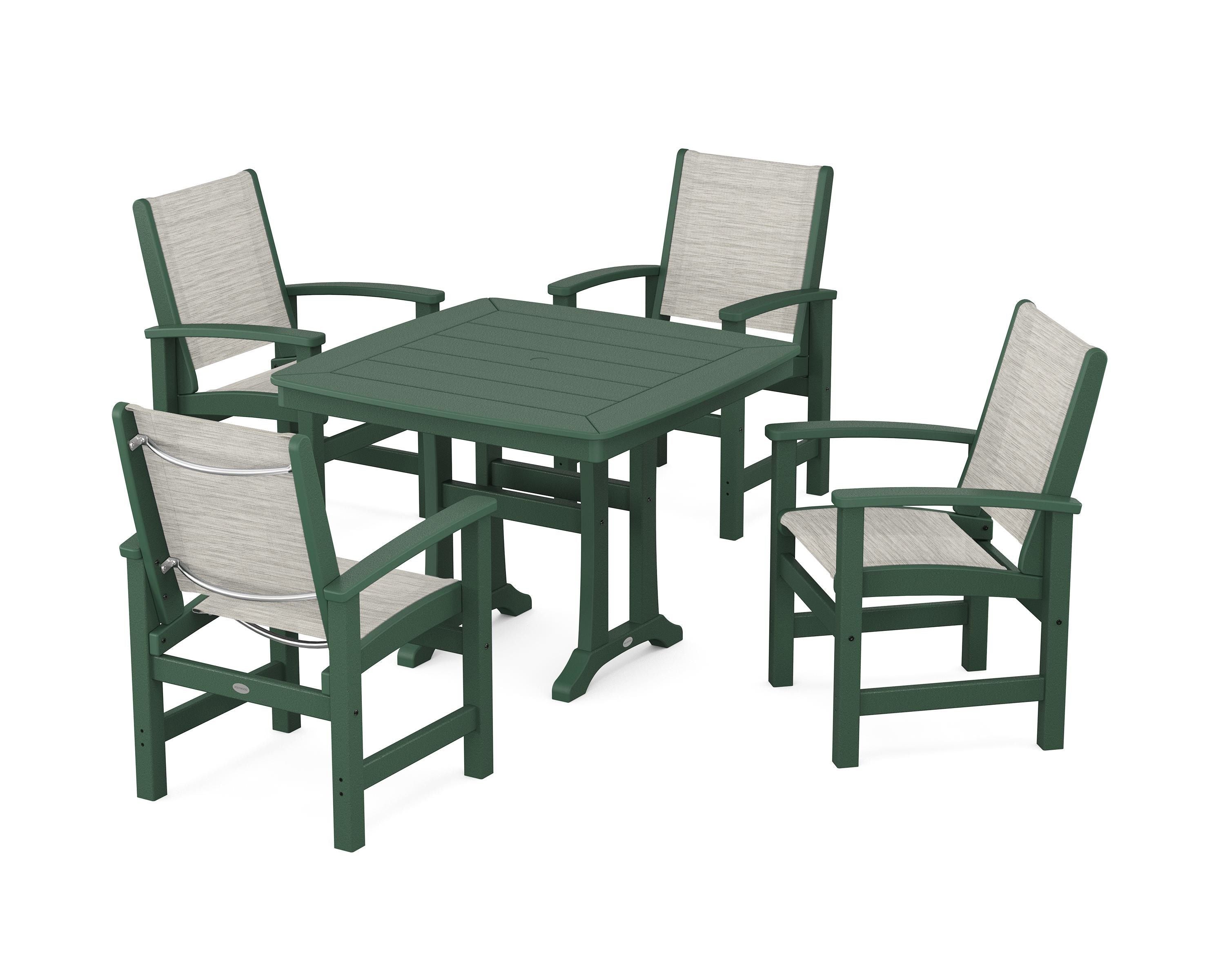 POLYWOOD® Coastal 5-Piece Dining Set with Trestle Legs in Green / Birch Sling