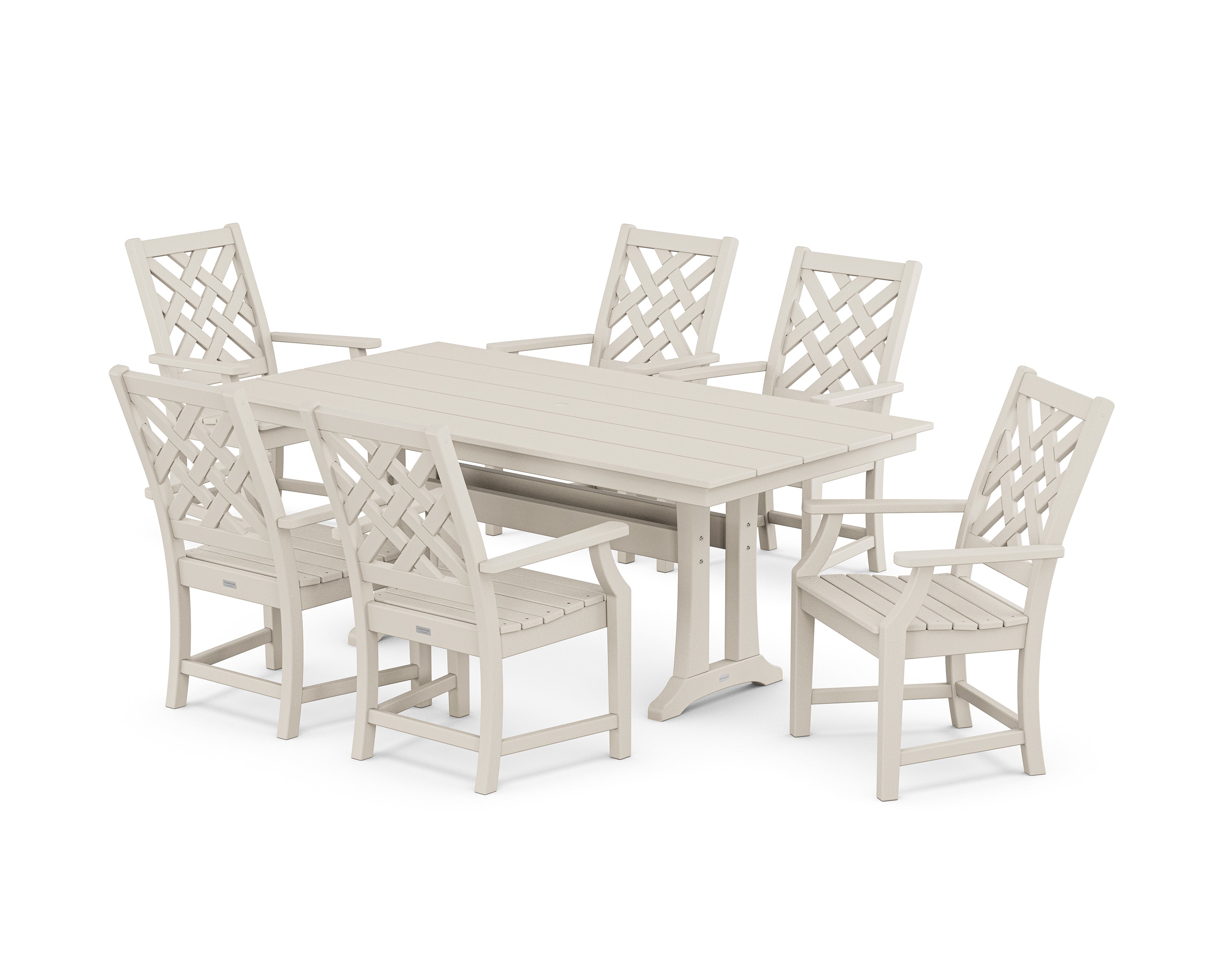 POLYWOOD® Wovendale Arm Chair 7-Piece Farmhouse Dining Set with Trestle Legs in Sand