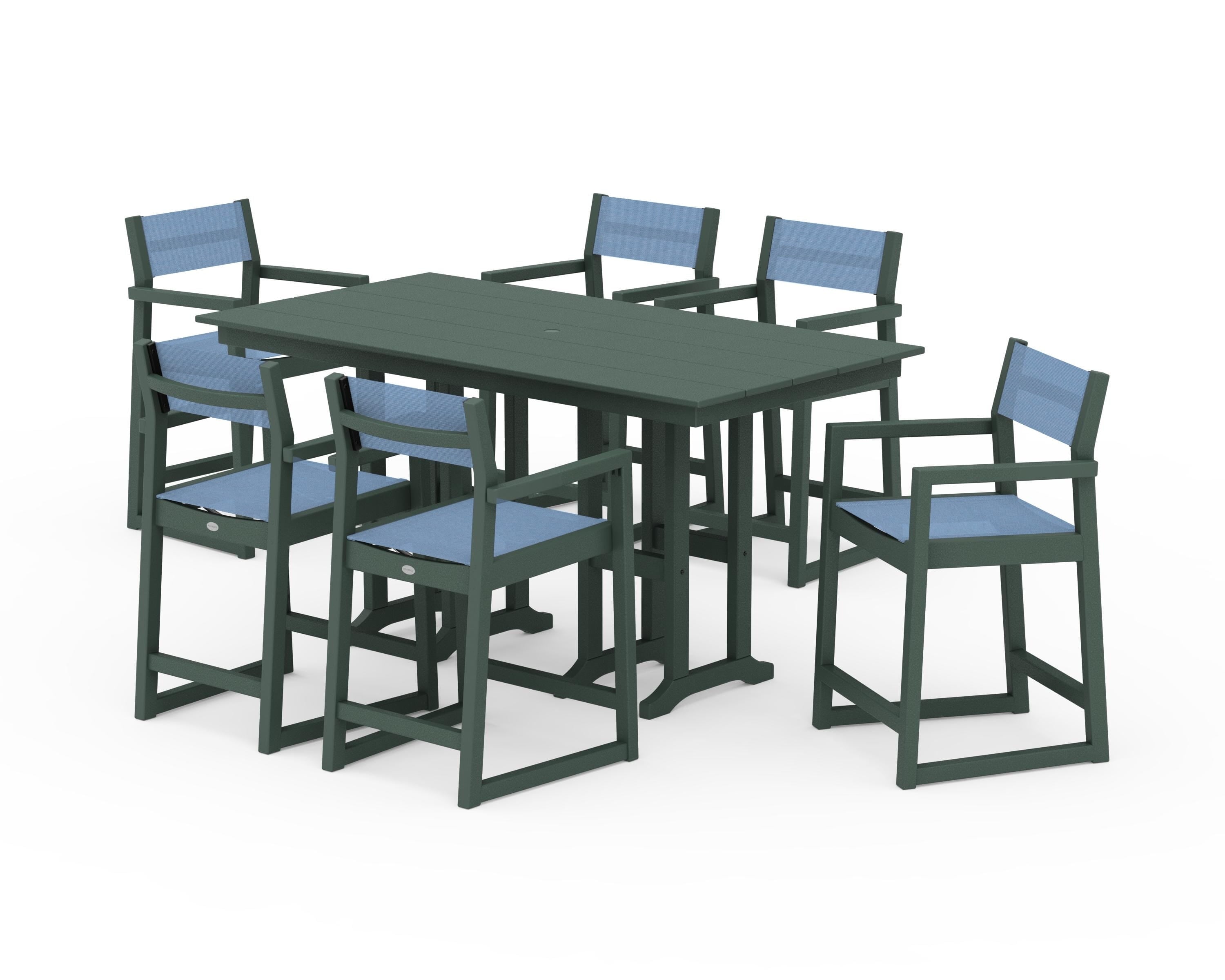 POLYWOOD® EDGE Sling Arm Chair 7-Piece Farmhouse Counter Set in Green / Poolside Sling
