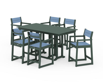 POLYWOOD® EDGE Sling Arm Chair 7-Piece Farmhouse Counter Set in Green / Poolside Sling