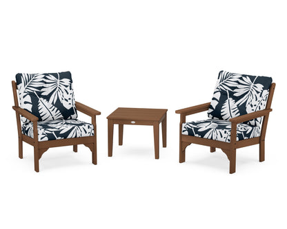 POLYWOOD® Vineyard 3-Piece Deep Seating Set in Teak / Leaf Marine Indigo