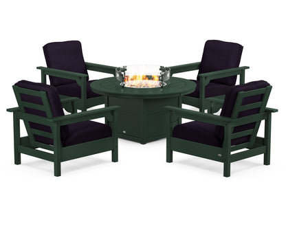 POLYWOOD® Club 5-Piece Conversation Set with Fire Pit Table in Green / Navy Linen