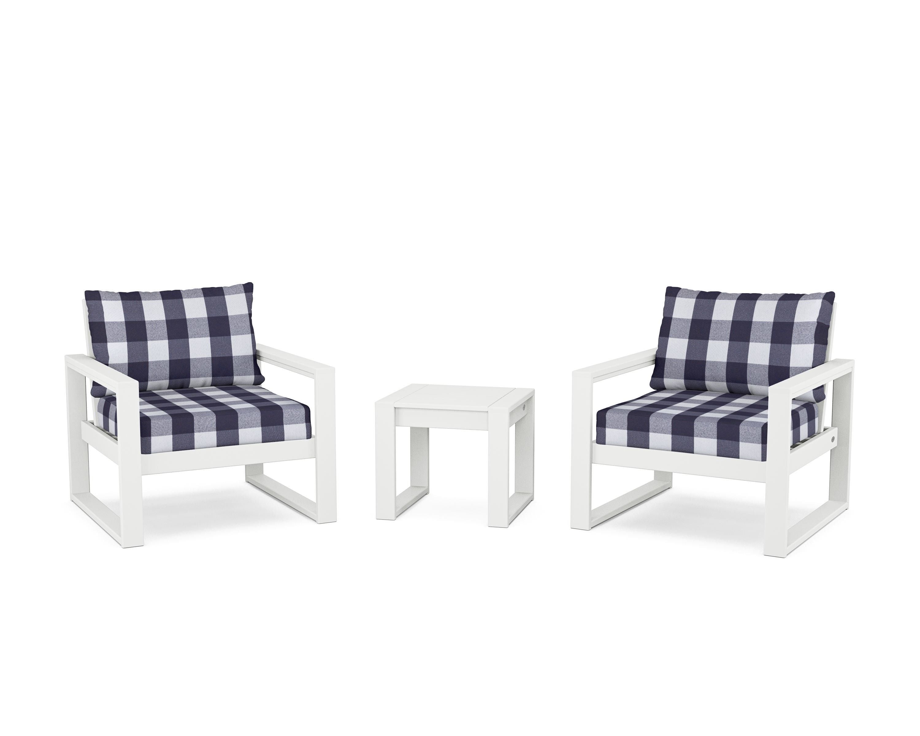 POLYWOOD® EDGE Sectional 3-Piece Deep Seating Set in White / Buffalo Plaid Navy