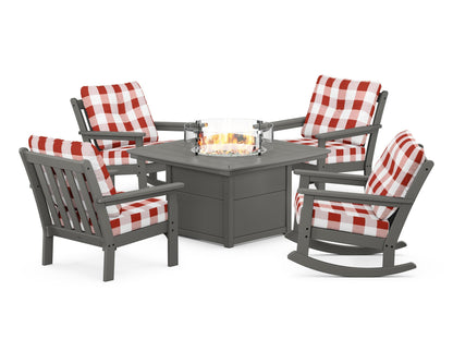 POLYWOOD® Vineyard 5-Piece Deep Seating Rocking Chair Conversation Set with Fire Pit Table in Slate Grey / Buffalo Plaid Crimson
