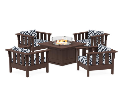 Martha Stewart by POLYWOOD® Acadia 5-Piece Deep Seating Set with Fire Pit Table in Mahogany / Trellis Marine Indigo
