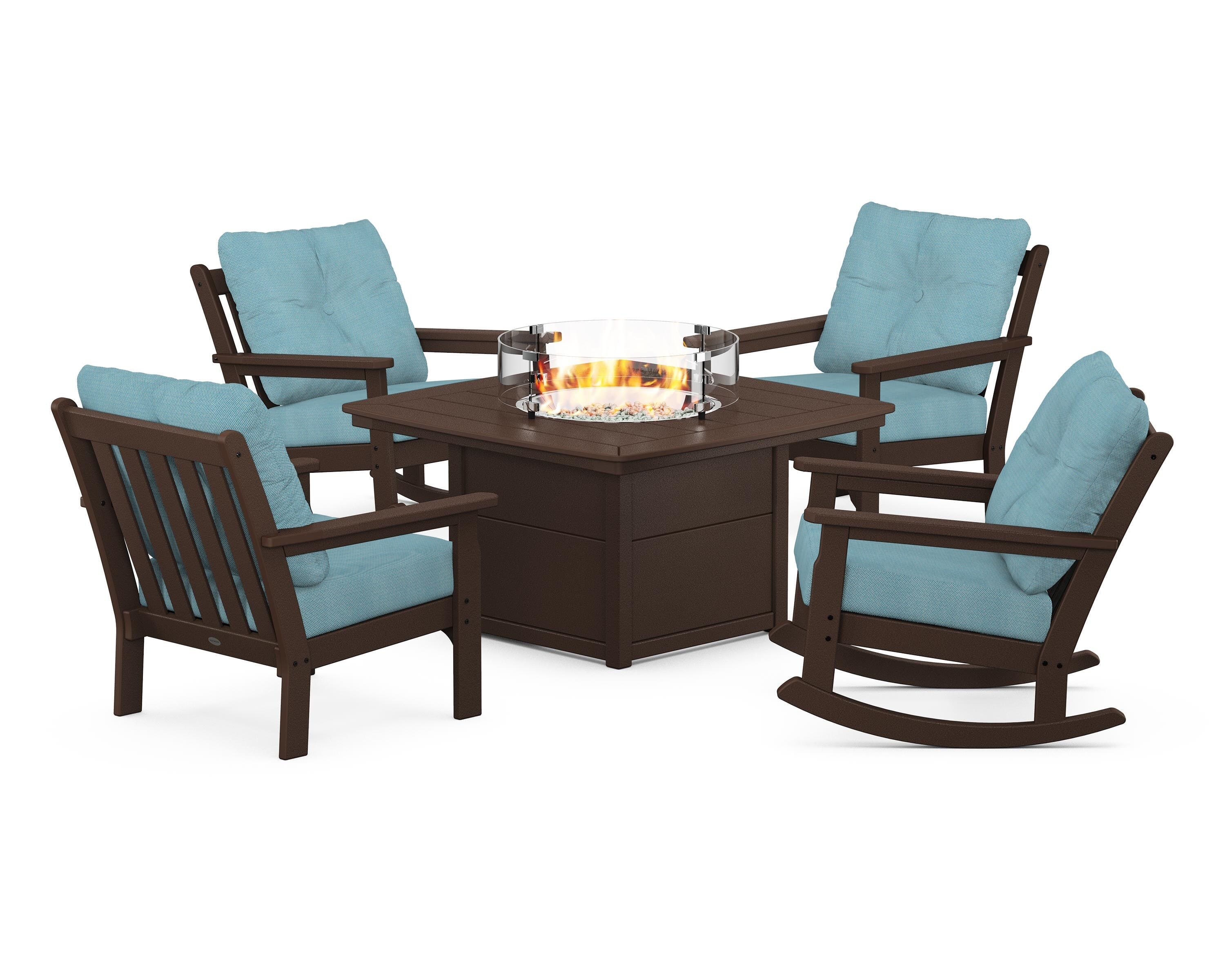 POLYWOOD® Vineyard 5-Piece Deep Seating Rocking Chair Conversation Set with Fire Pit Table in Mahogany / Lattice Sky Blue