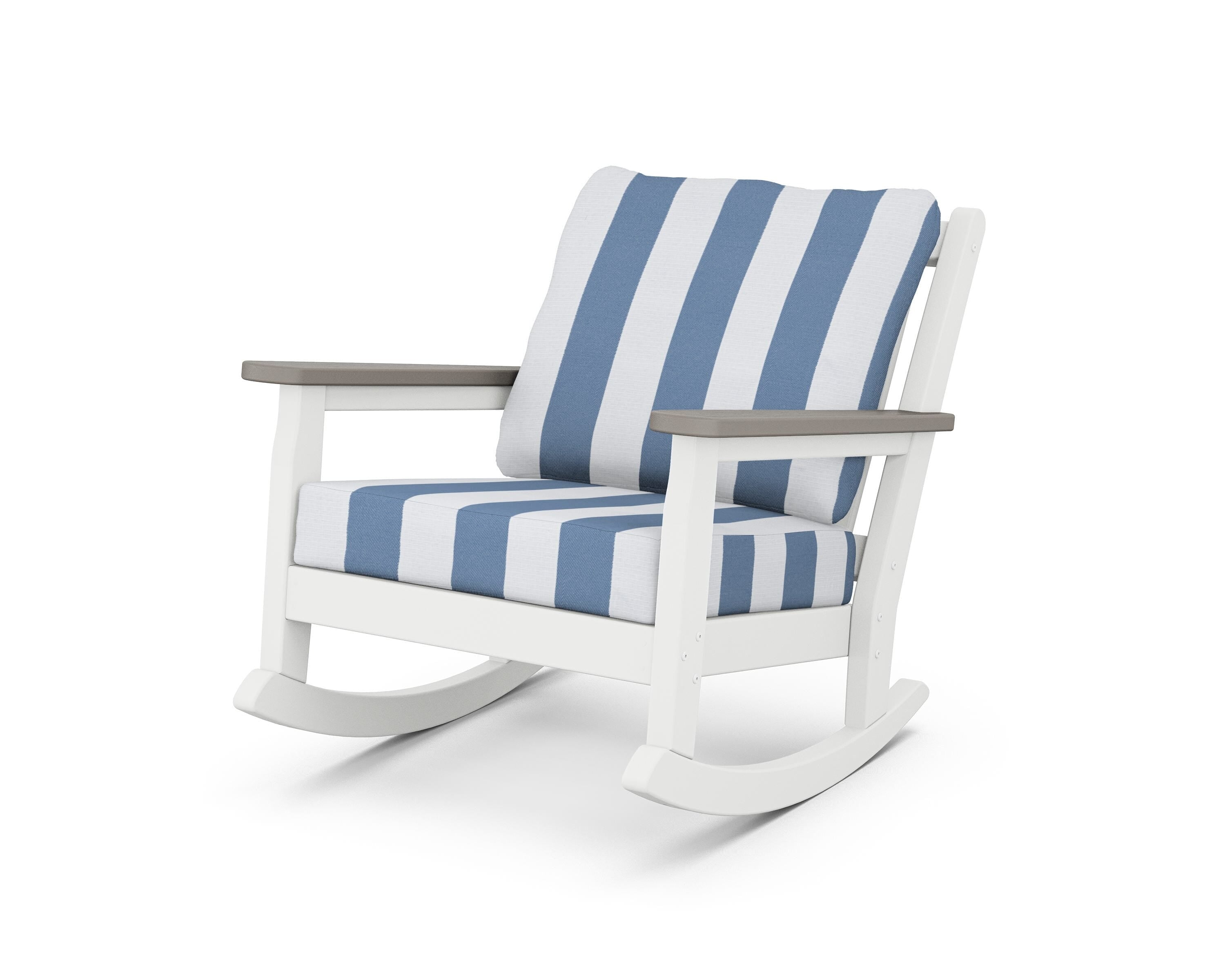 POLYWOOD® Chippendale Deep Seating Rocking Chair in White / Driftwood / Cabana Stripe Sky Blue
