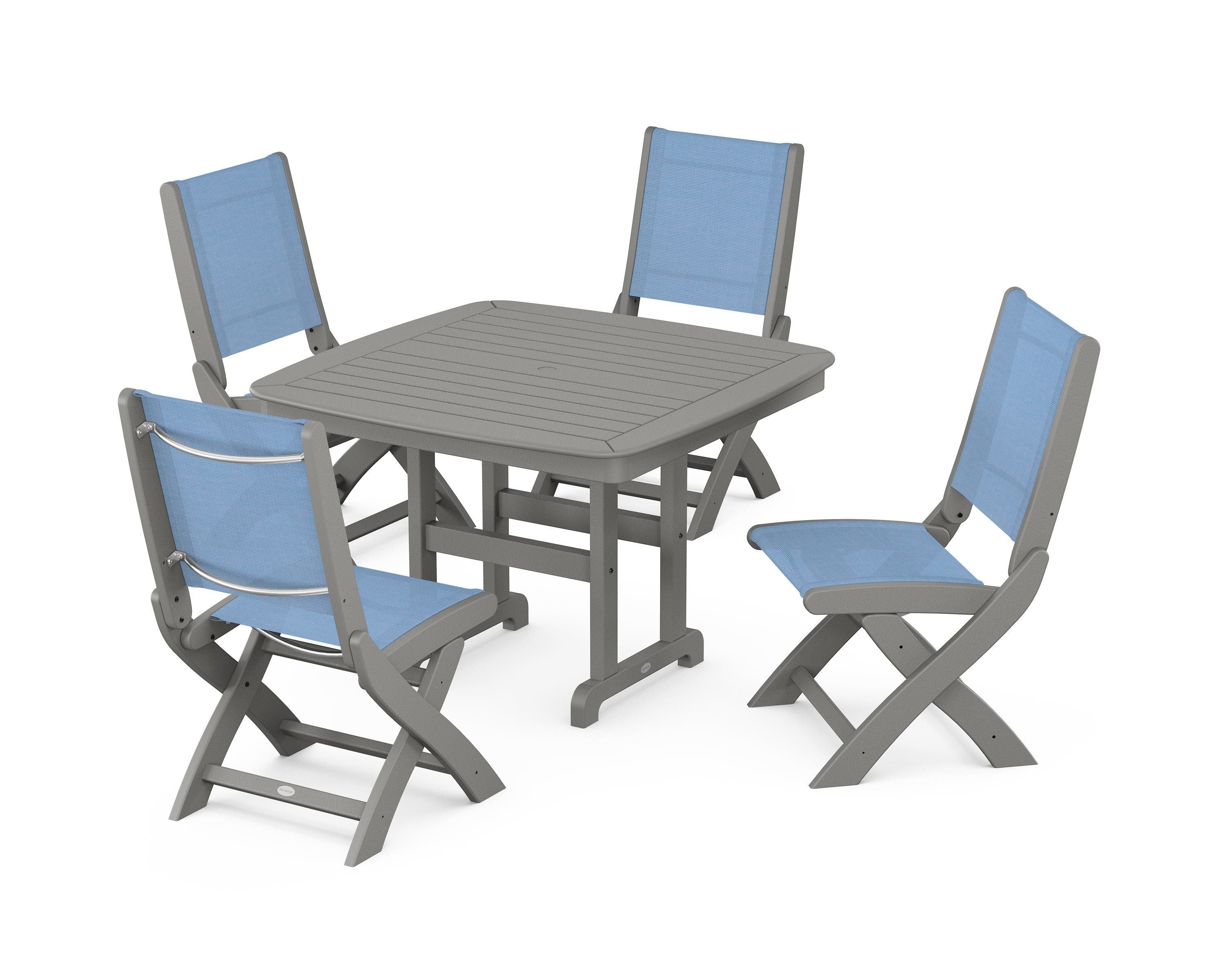 POLYWOOD® Coastal Folding Side Chair 5-Piece Dining Set in Slate Grey / Poolside Sling