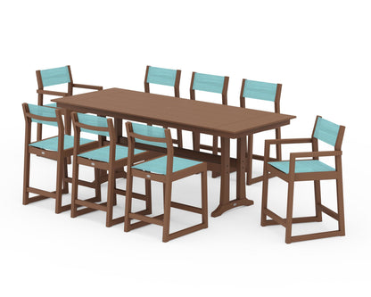POLYWOOD® EDGE Sling 9-Piece Farmhouse Counter Set with Trestle Legs in Teak / Dupioni Aquamarine Sling