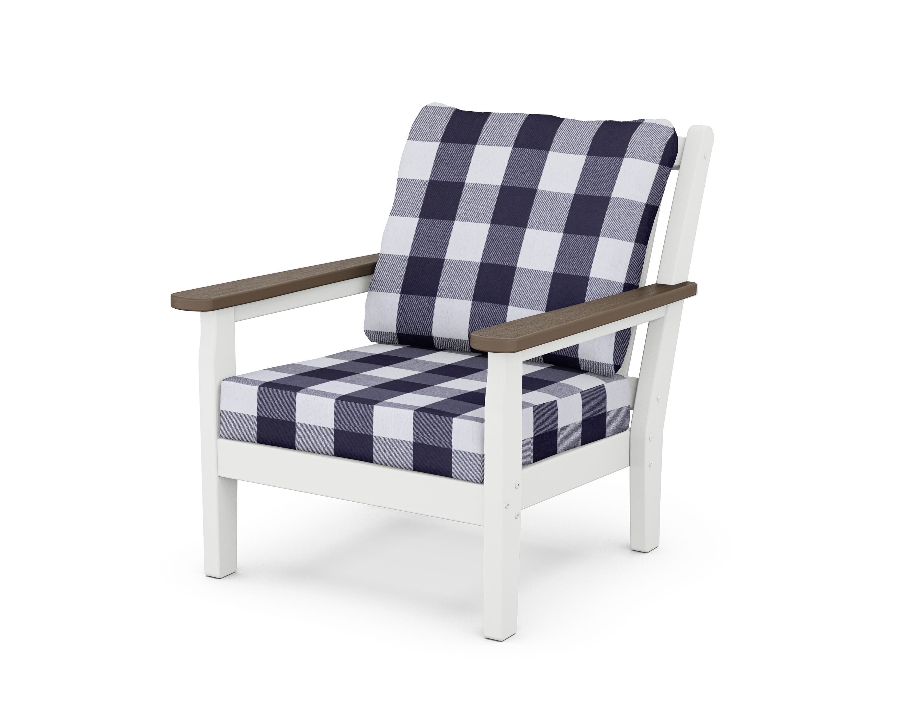 POLYWOOD® Chippendale Deep Seating Chair in White / Kona / Buffalo Plaid Navy