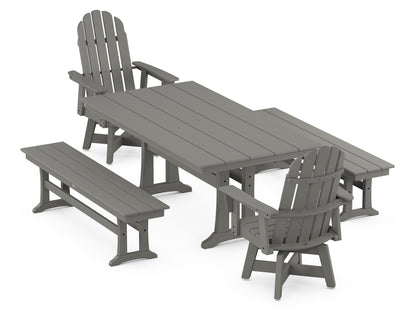 POLYWOOD® Vineyard Curveback Adirondack Swivel Chair 5-Piece Farmhouse Dining Set With Trestle Legs and Benches in Slate Grey