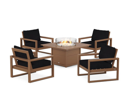 POLYWOOD® EDGE Sectional 5-Piece Deep Seating Set with Fire Pit Table in Teak / Midnight Linen