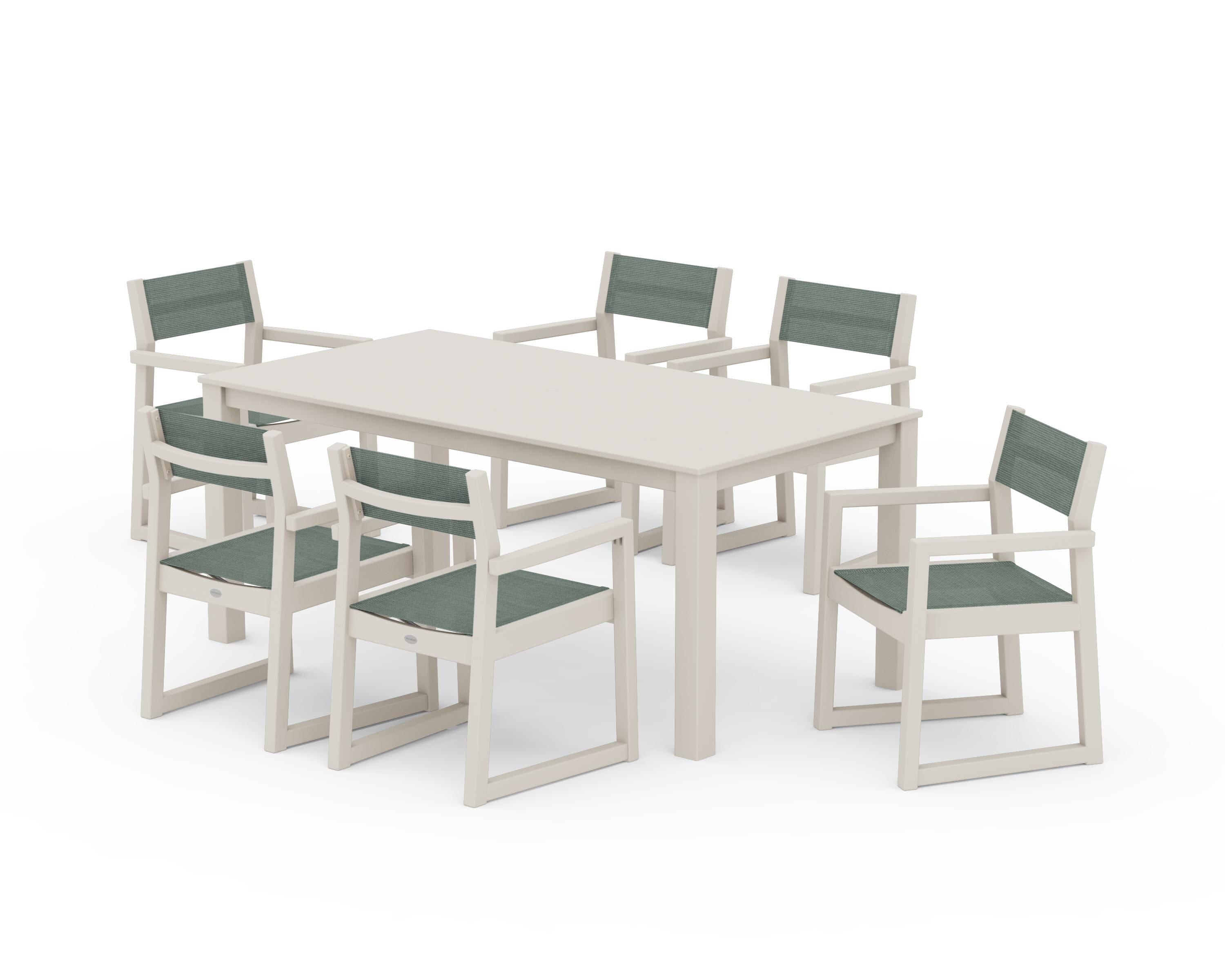 POLYWOOD® EDGE Sling Arm Chair 7-Piece Parsons Dining Set in Sand / Dupioni Sea Mist Sling