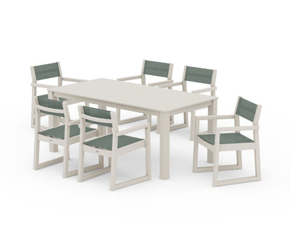 POLYWOOD® EDGE Sling Arm Chair 7-Piece Parsons Dining Set in Sand / Dupioni Sea Mist Sling