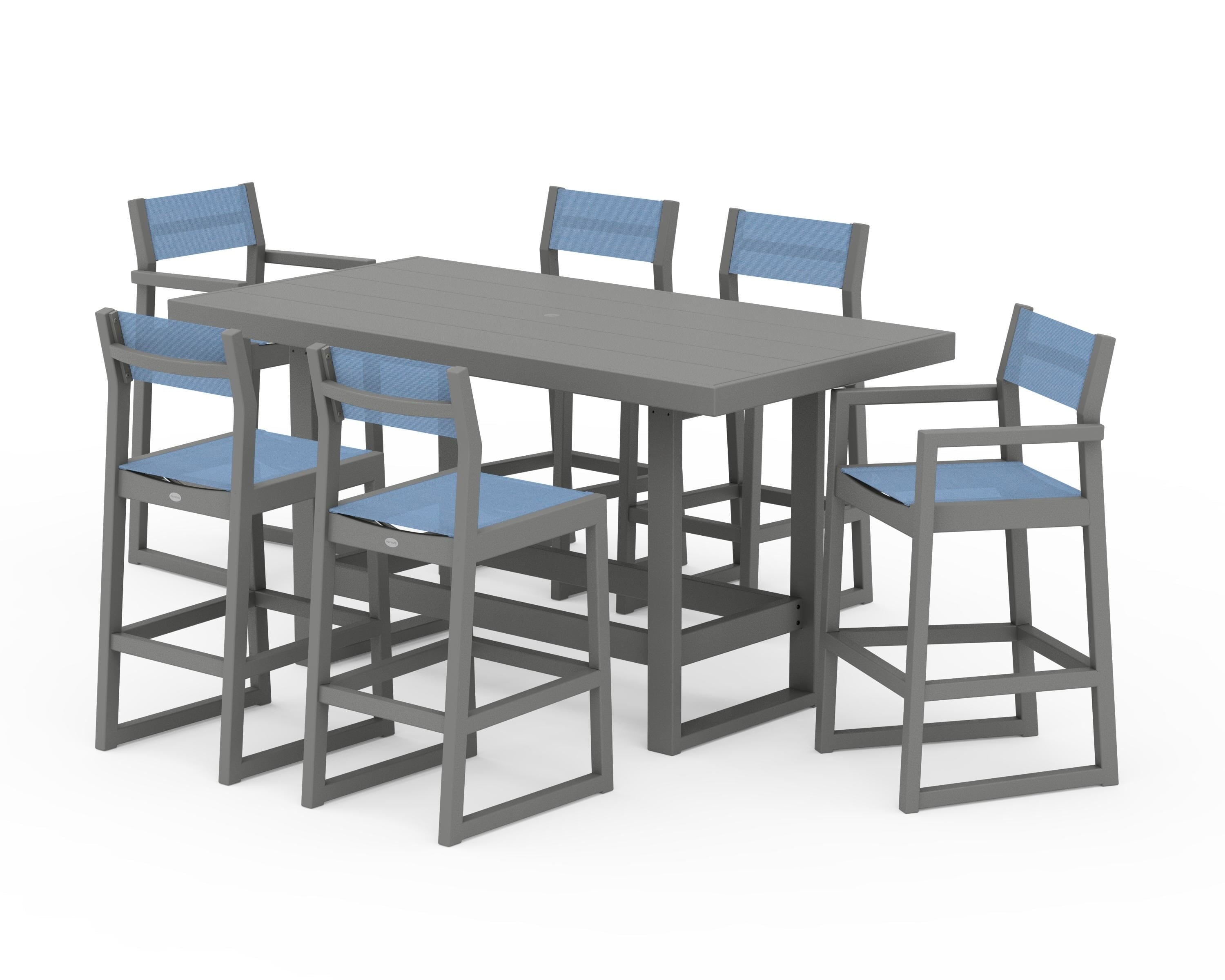 POLYWOOD® EDGE Sling 7-Piece Bar Table Set in Slate Grey / Poolside Sling