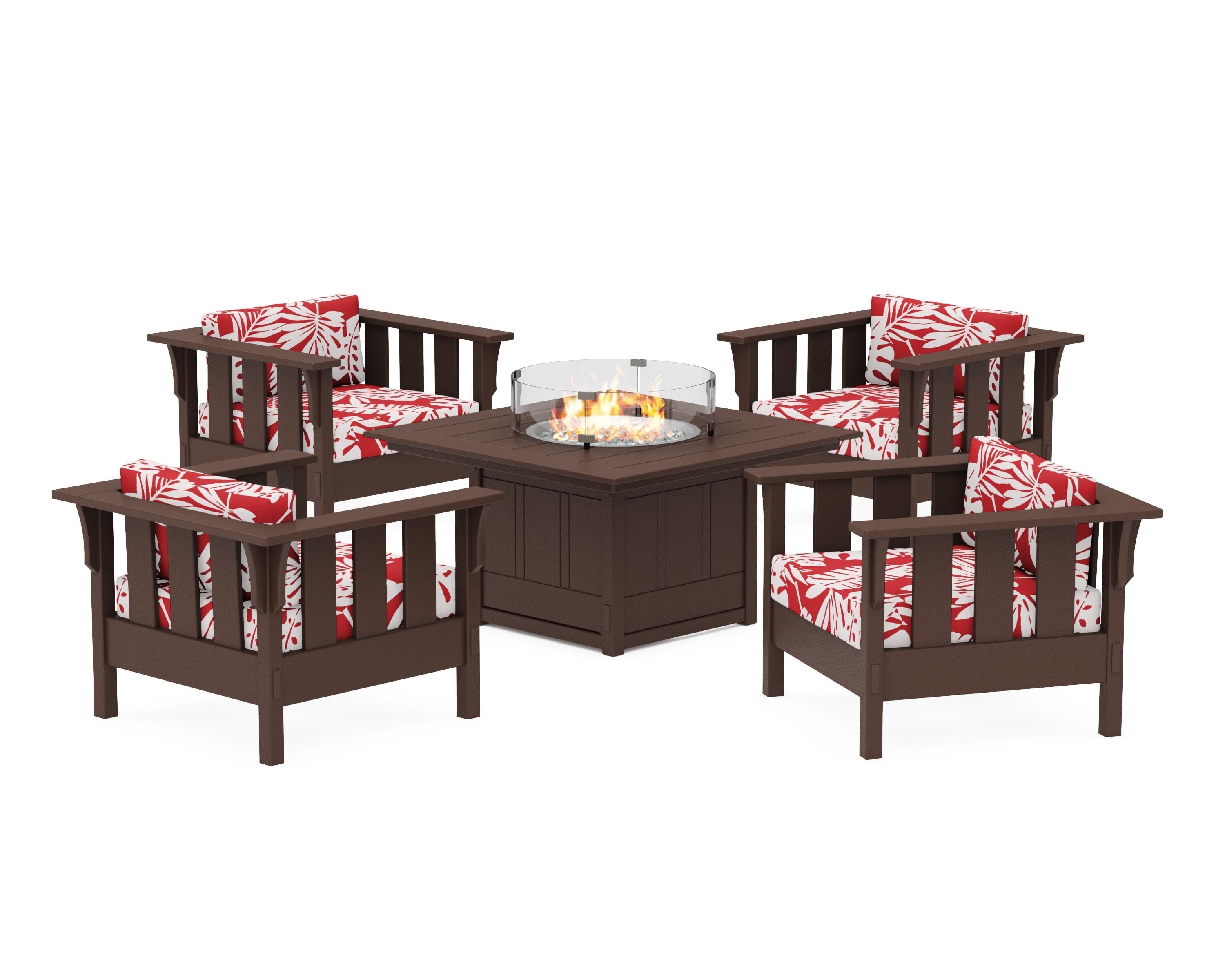 Martha Stewart by POLYWOOD® Acadia 5-Piece Deep Seating Set with Fire Pit Table in Mahogany / Leaf Crimson