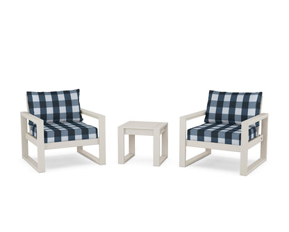 POLYWOOD® EDGE Sectional 3-Piece Deep Seating Set in Sand / Buffalo Plaid Marine Indigo
