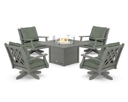Country Living Wovendale 5-Piece Deep Seating Swivel Conversation Set with Fire Pit Table in Slate Grey / Cast Sage