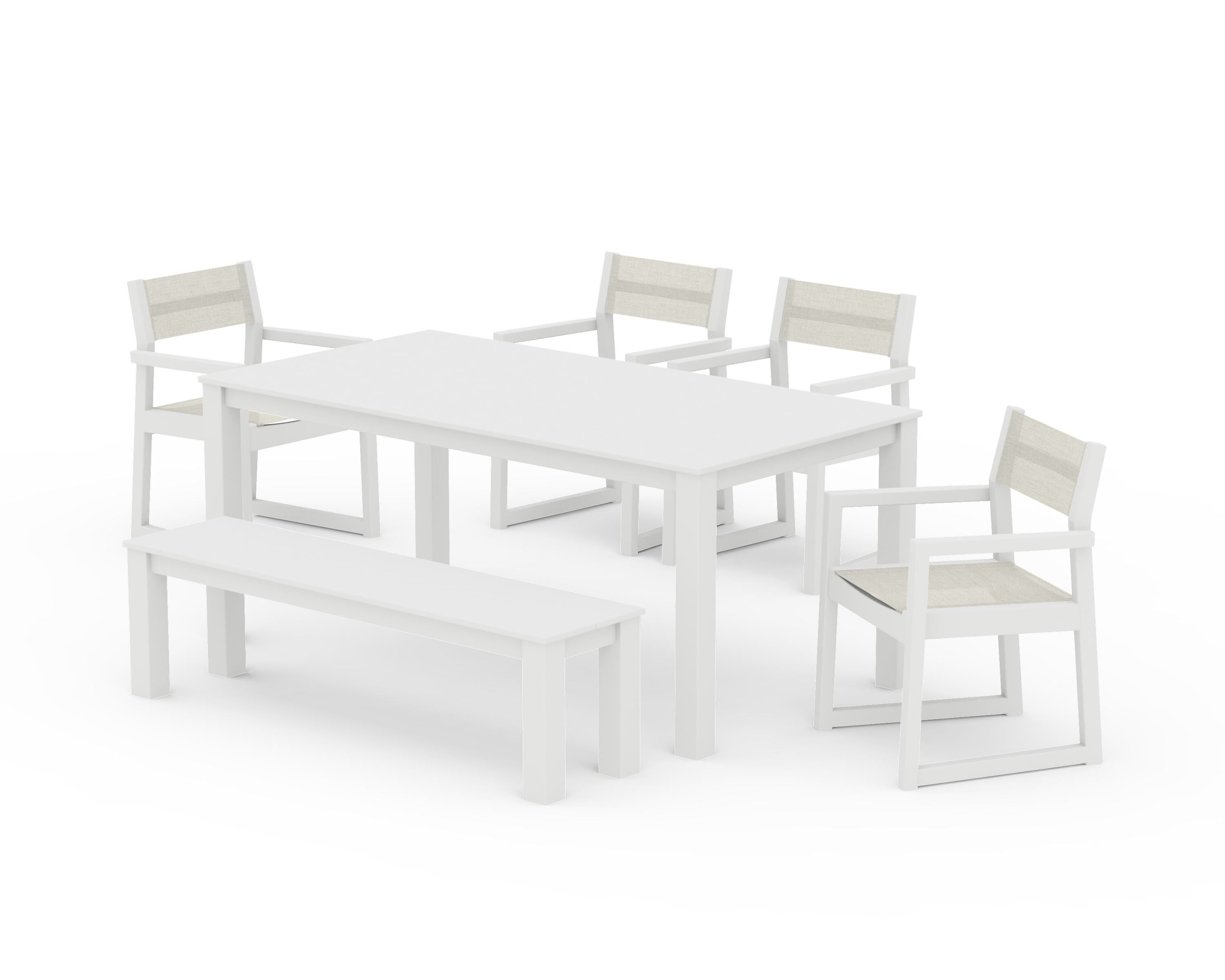 POLYWOOD® EDGE Sling Arm Chair 6-Piece Parsons Dining Set with Bench in White / Parchment Sling