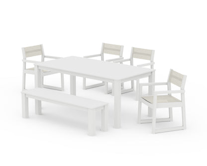 POLYWOOD® EDGE Sling Arm Chair 6-Piece Parsons Dining Set with Bench in White / Parchment Sling