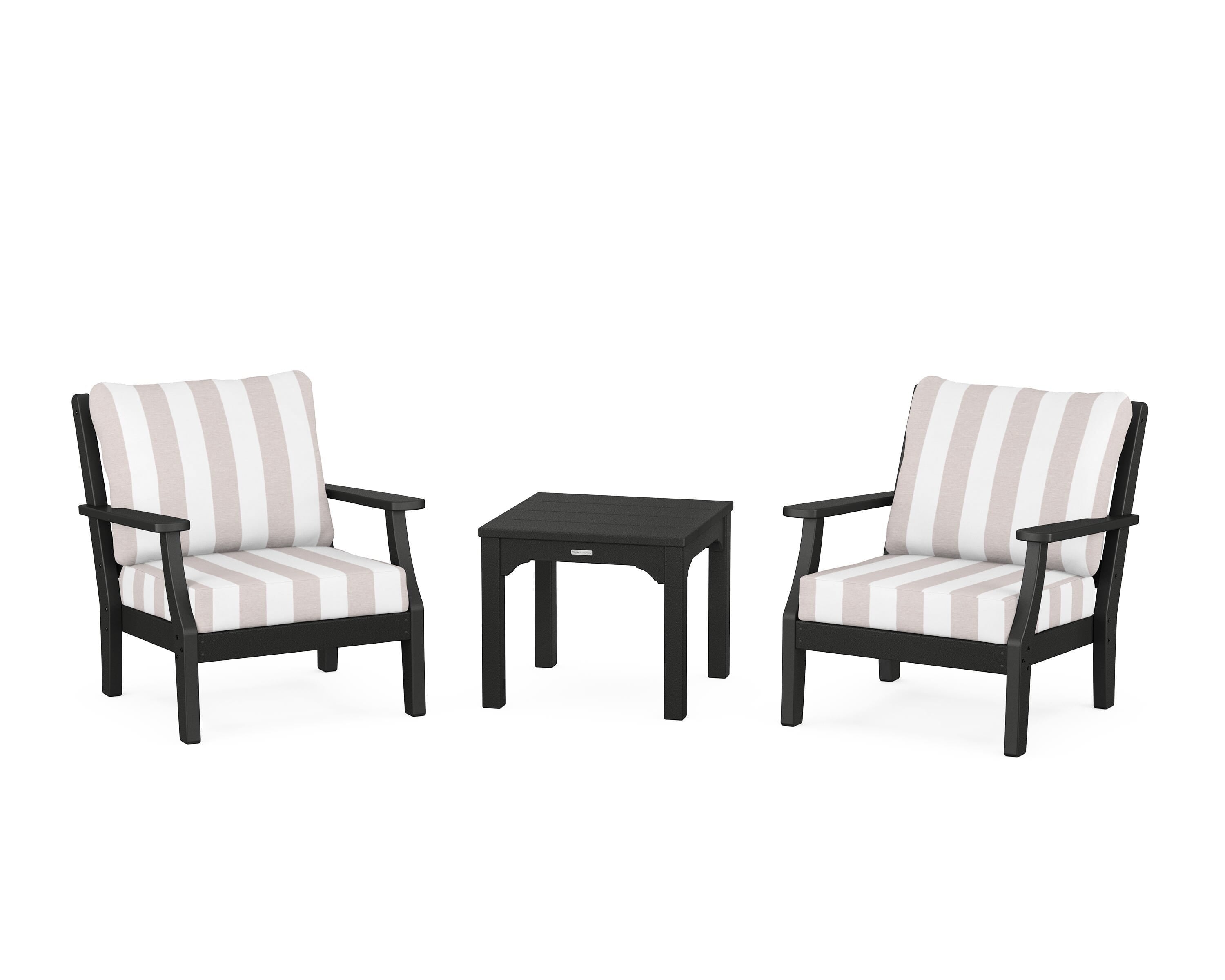 Martha Stewart by POLYWOOD® Chinoiserie 3-Piece Deep Seating Set in Black / Cabana Stripe Dune Burlap