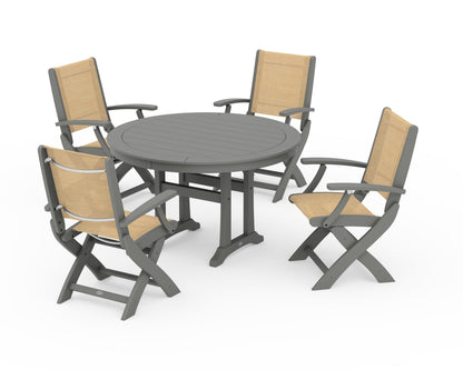 POLYWOOD® Coastal Folding Chair 5-Piece Round Dining Set with Trestle Legs in Slate Grey / Dupioni Apricot Sling