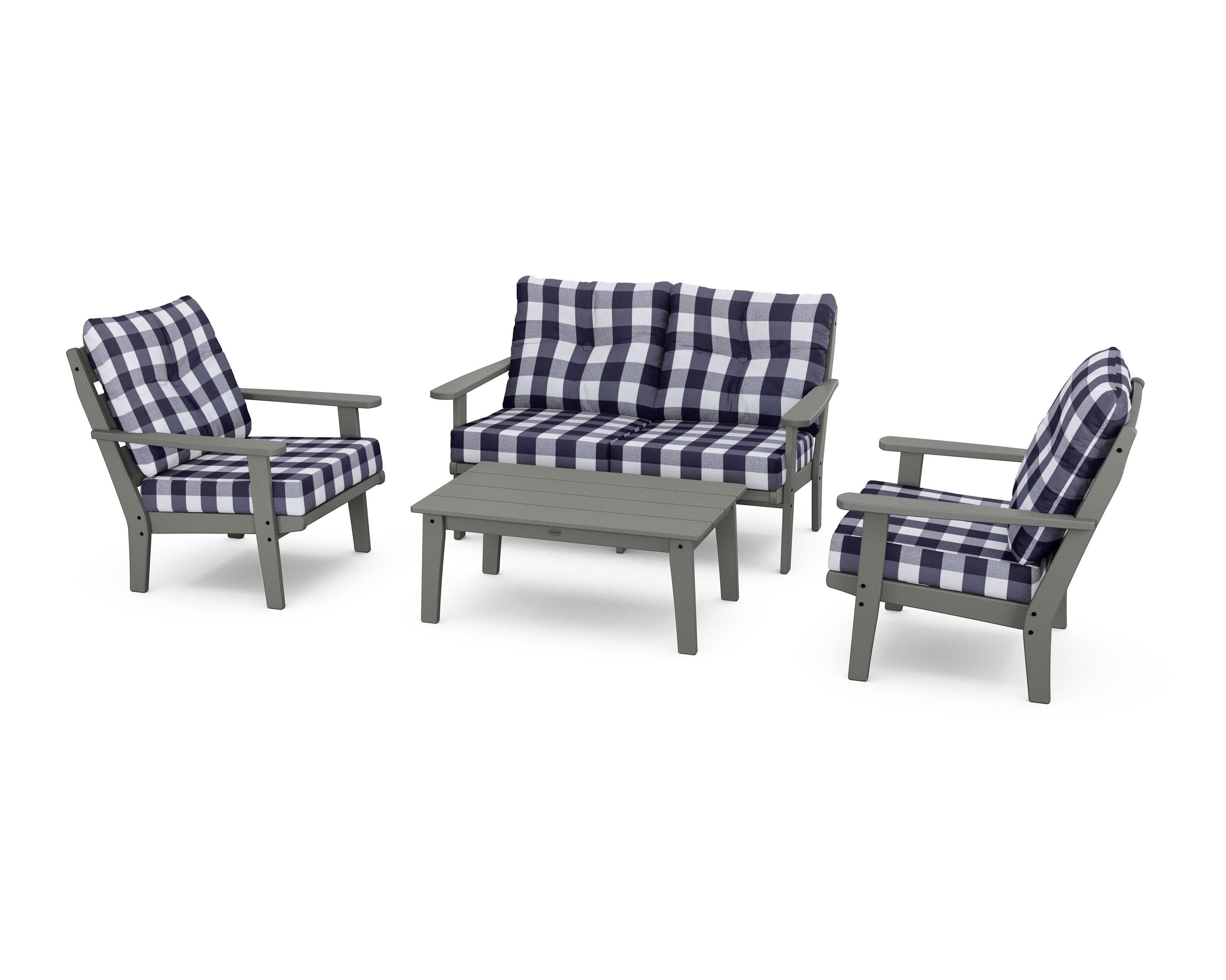 POLYWOOD® Lakeside 4-Piece Deep Seating Set in Slate Grey / Buffalo Plaid Navy
