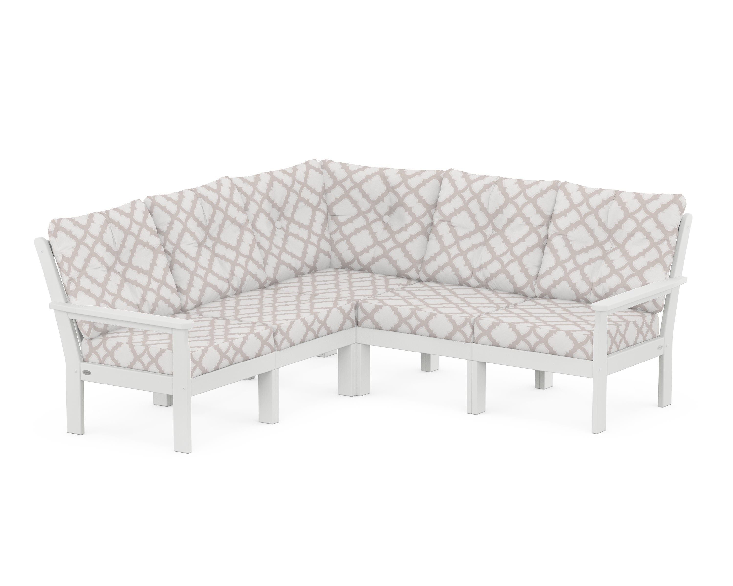 POLYWOOD® Vineyard 5-Piece Sectional in White / Trellis Dune Burlap