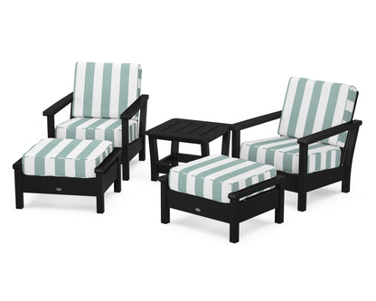 POLYWOOD® Harbour 5-Piece Deep Seating Chair Set in Black / Cabana Stripe Glacier Spa