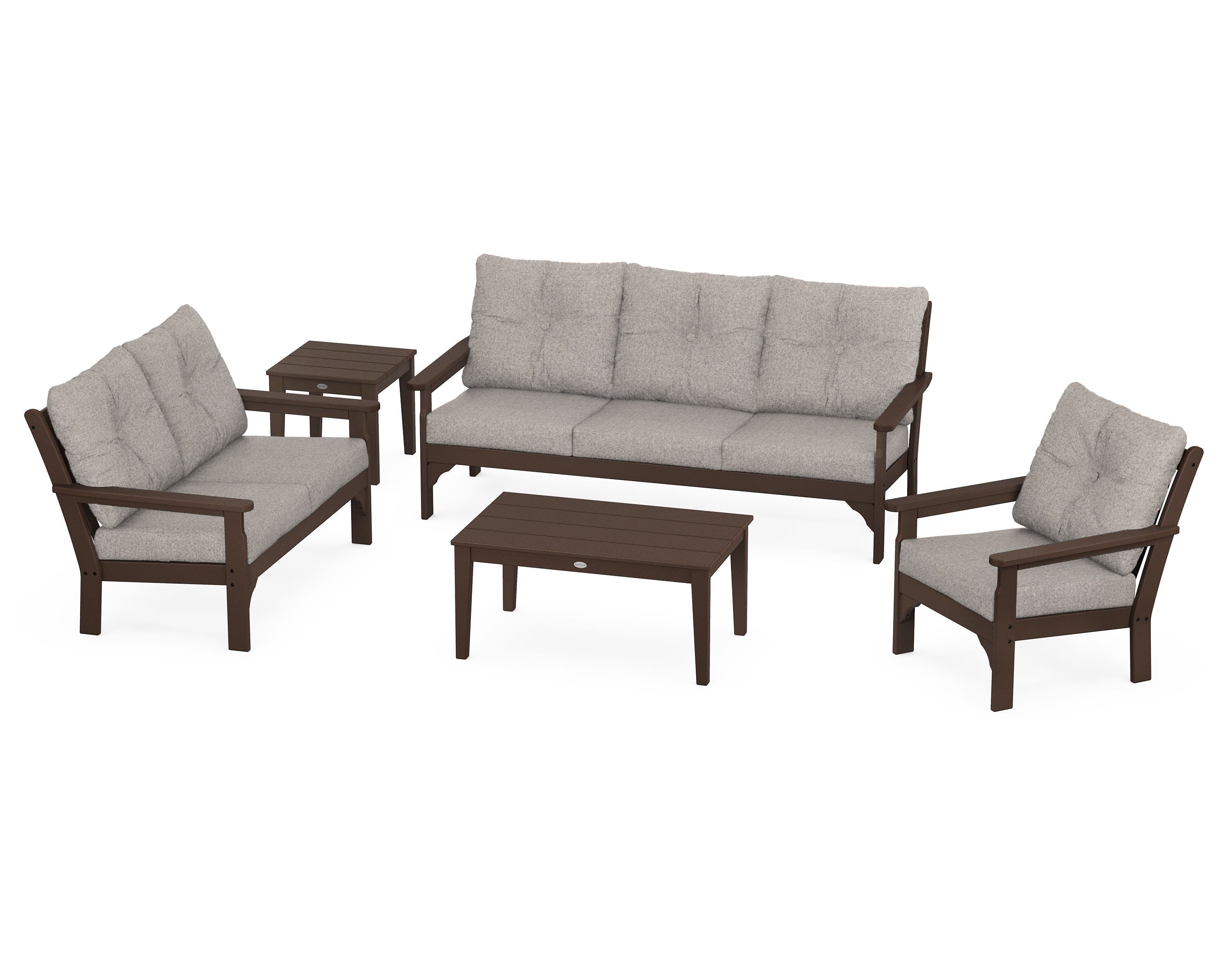 POLYWOOD® Vineyard 5 Piece Deep Seating Set in Mahogany / Weathered Tweed