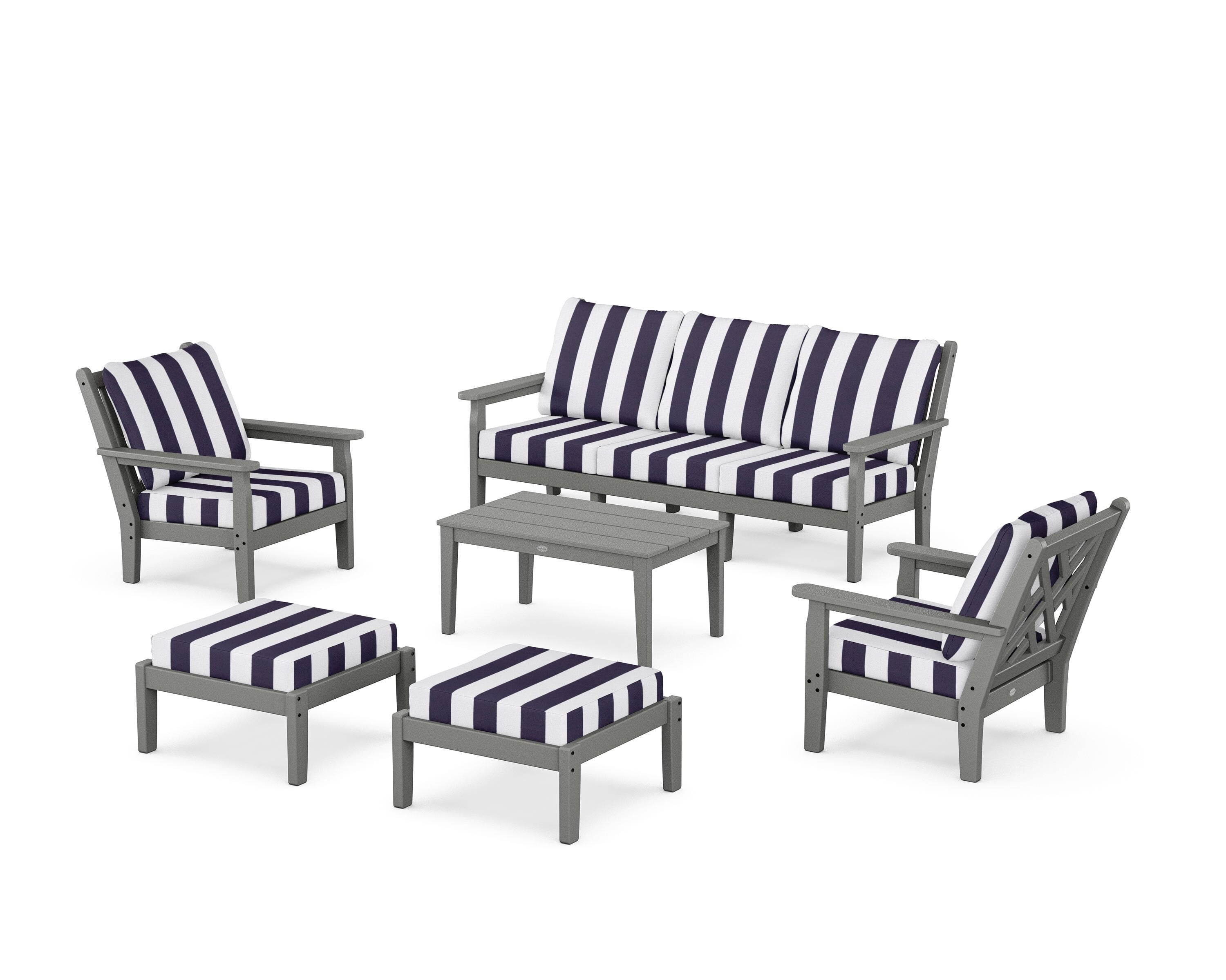 POLYWOOD® Chippendale 6-Piece Lounge Sofa Set in Slate Grey / Cabana Stripe Navy